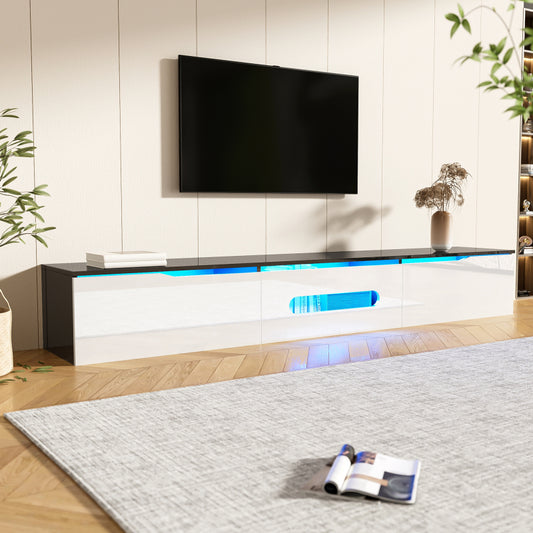 Schwarz-weißer TV-Schrank, 180 cm lang, Hochglanzoberfläche, mit 16-farbiger LED-Beleuchtung, wandmontierbar
