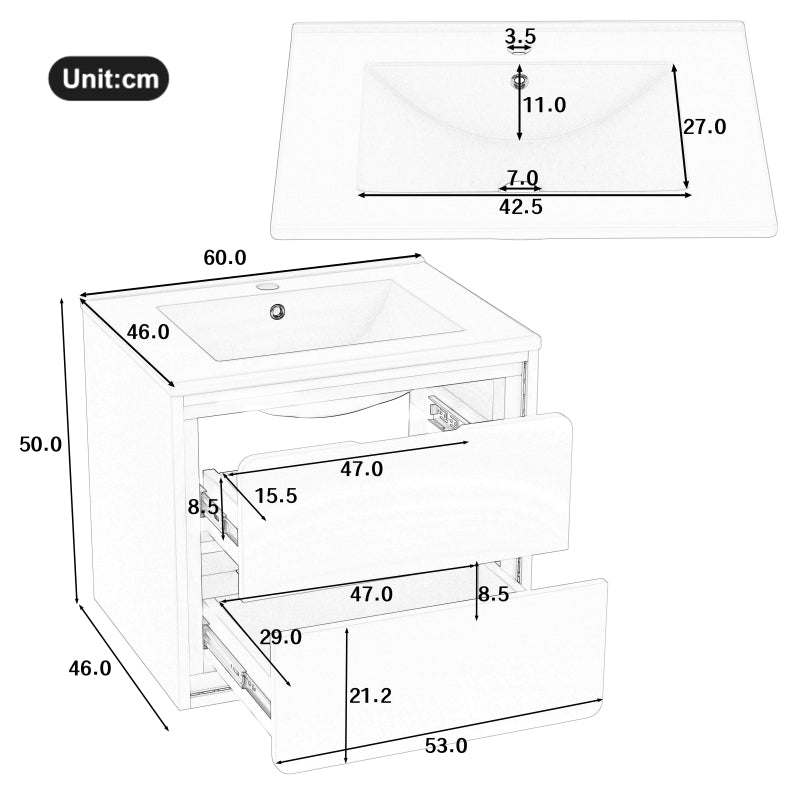 60x46x50cm Wandhängend Badezimmerschränke, komplett lackiert, LED-Radarsensor-Beleuchtung, zwei Schubladen, leise Gleitschienen, Waschtisch,integriertes Waschbecken, weiß