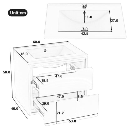 60x46x50cm Wandhängend Badezimmerschränke, komplett lackiert, LED-Radarsensor-Beleuchtung, zwei Schubladen, leise Gleitschienen, Waschtisch,integriertes Waschbecken, weiß