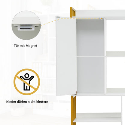 Bücherregal, 6 Regal Bücherregal mit mit Türen und  Schubladen industrielle Bücherregal, Stahlregal, weiß marmoriert mit Goldrahmen