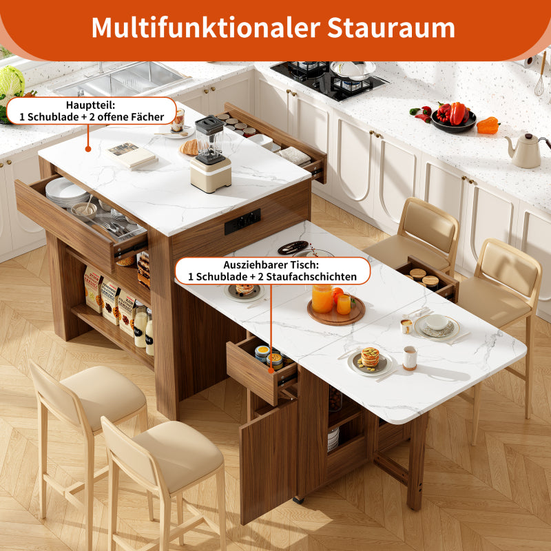 Ausziehbarer Bartisch mit Stauraum(110-124×78×97.5cm), für 2-6 Personen, Kücheninseln mit 2 Schubladen, 2 seitliche offene Regale und eingebaute Steckdose,Tischplatte aus weiß marmoriertem MDF,Braun