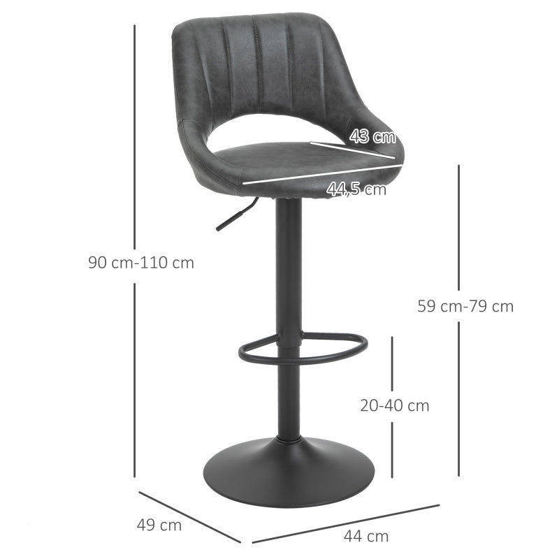 Barhocker-Set 2 drehbare Küchenhocker höhenverstellbar mit Fußstütze in Lederoptik und Metallrahmen, Grau
