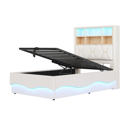 Kinderbett  90×200 cm mit hydraulischem Stauraum APP-gesteuertes LED-Lichtband USB-Ladeanschluss Metall-Lattenrost Leinenpolsterung Beige