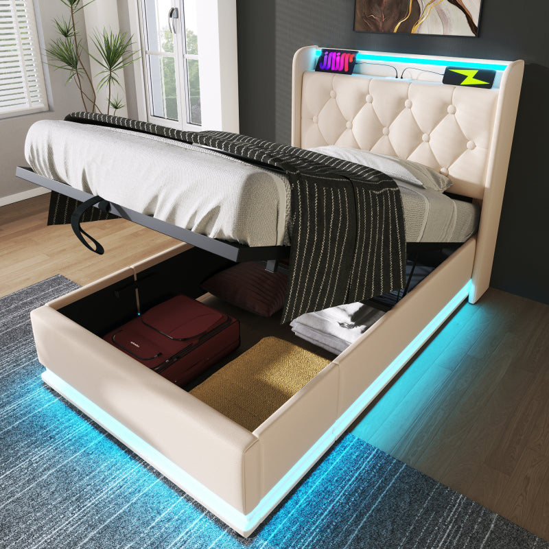Polsterbett einzelbett, 360-Surround-LED-Funktion, Drucktaste/App/Fernbedienung, 90*200 cm, weiß PU-Material Hydraulisches Lagerbett, gepolstertes Kopfteil mit USB Typ-C Ladefunktion (Mit Matratze)