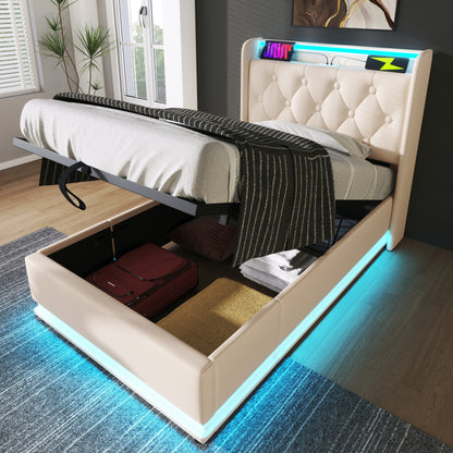 Polsterbett einzelbett, 360-Surround-LED-Funktion, Drucktaste/App/Fernbedienung, 90*200 cm, weiß PU-Material Hydraulisches Lagerbett, gepolstertes Kopfteil mit USB Typ-C Ladefunktion (Mit Matratze)
