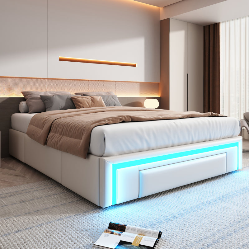 Bettgestell 140X200 mit Schubladen, PU-Leder Bett ohne Kopfteil Mit LED-Lichtleiste, MetalllattenPlattformbett für moderne Schlafzimmer Beige