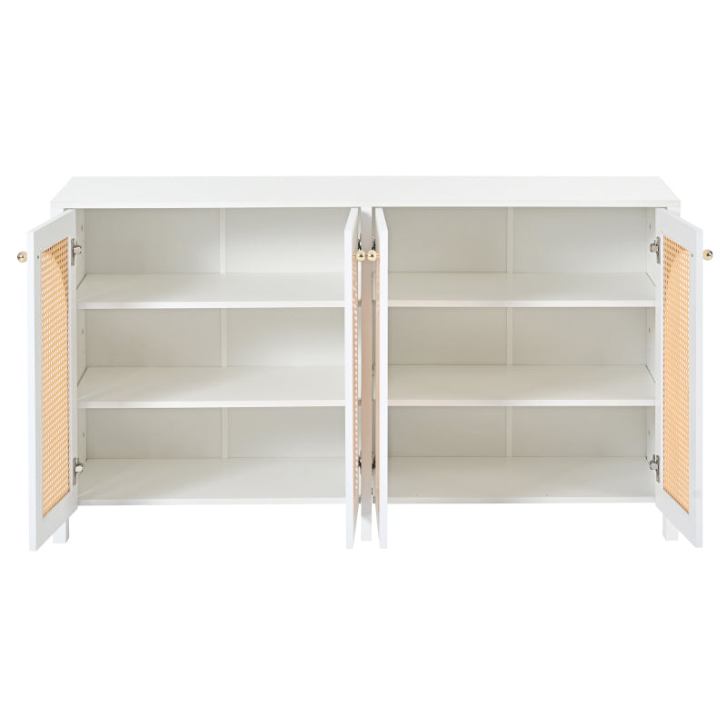 Modernes Sideboard im minimalistischen Stil 4-Rattantür, Metallgriff einfaches Buffetschrank für Esszimmer, Wohnzimmer, Küche (weiß)