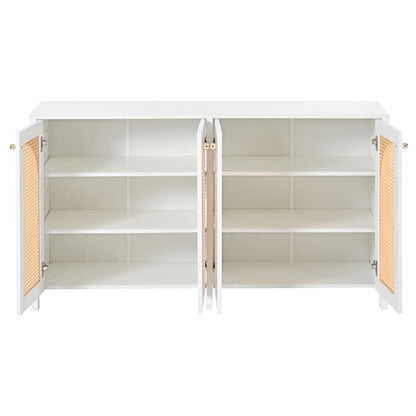 Modernes Sideboard im minimalistischen Stil 4-Rattantür, Metallgriff einfaches Buffetschrank für Esszimmer, Wohnzimmer, Küche (weiß)