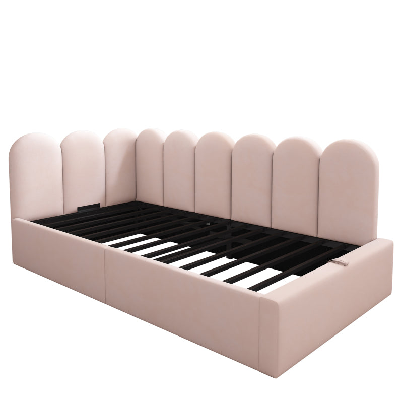 Polsterbett Daybett,Tagesbett Schlafsofa mit hydraulischem Stauraum, Kinderbett mit Metall-Lattenrost, Samt, Rosa, ohne Matratze