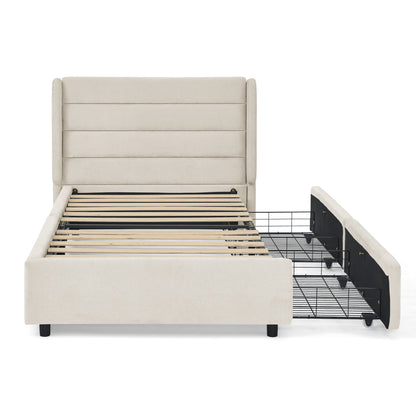 Einzelbett 90×200 cm mit Chenille-Oberfläche & 2 Schubladen, stabiles Bettgestell aus Holz/Metall, ideal für Kinder-, Jugend- & Gästezimmer, Beige (ohne Matratze)