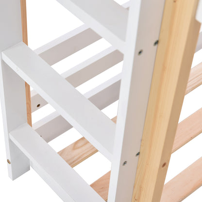 Kinderbett Baumhaus mit Rutsche & Leiter 90 x 200 cm, Hochbett für Kinder– 2x Lattenrost- Natur & Weiß