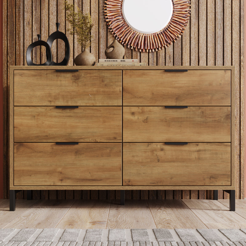 Kommode, Sideboard mit 6 Schubladen, 120 x 40 x 76 cm in Dunkle Eiche, Sideboard Highboard für Schlafzimmer & alle Wohnräume