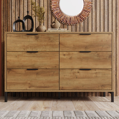 Kommode, Sideboard mit 6 Schubladen, 120 x 40 x 76 cm in Dunkle Eiche, Sideboard Highboard für Schlafzimmer & alle Wohnräume