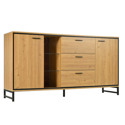 Sideboard mit drei Schubladen, exquisite Maserung. Modernes Sideboard in Holzfarbe mit Ablagefächern – stilvolle und funktionale Wohnmöbel. Schwarz und Holzfarbe.