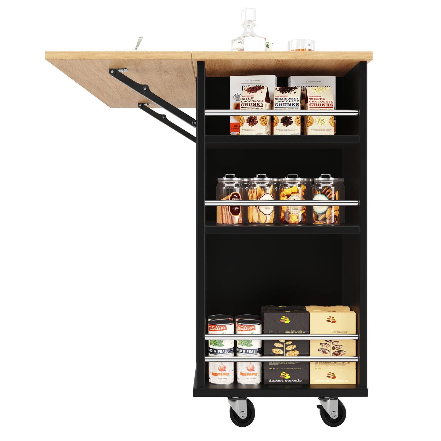 Kücheninsel mit Arbeitsplatte Küchenschrank Schwarz Esszimmerwagen mit Snackhalter und Weinglasregal Buffetschrank Trennwände Holzmaserung