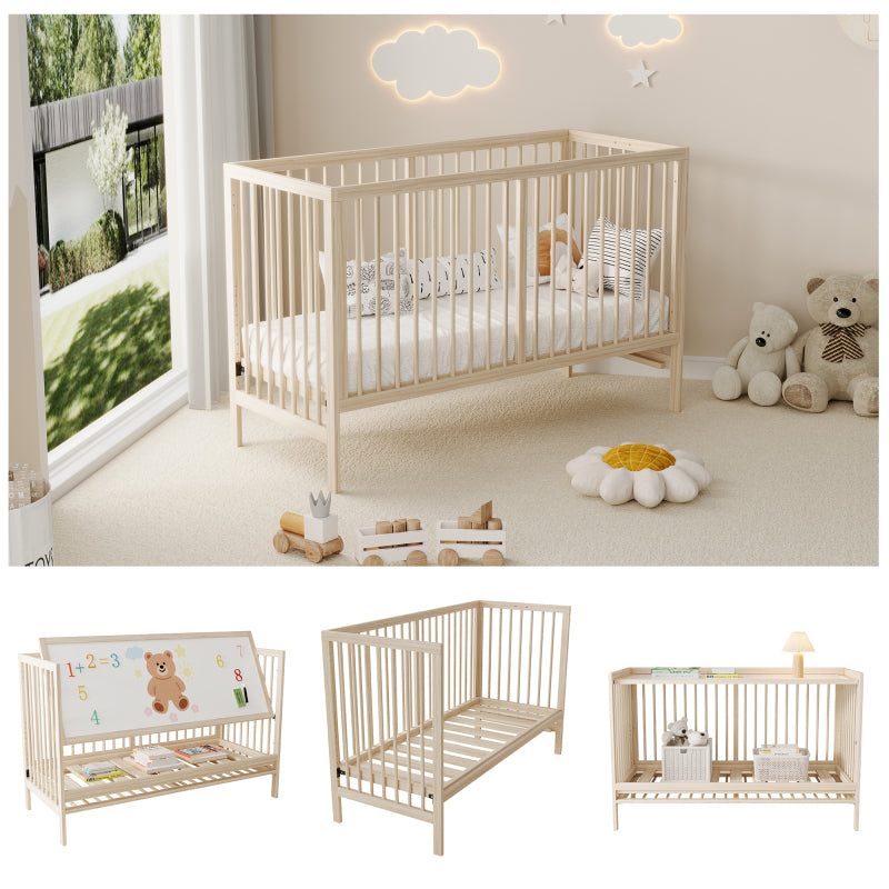 Holz Babybett, umwandelbar in Nebenbett / Malerbrettständer / Schreibtisch, höhenverstellbar, ohne Matratze, aus Fichte, naturfarben, 140x60x90cm