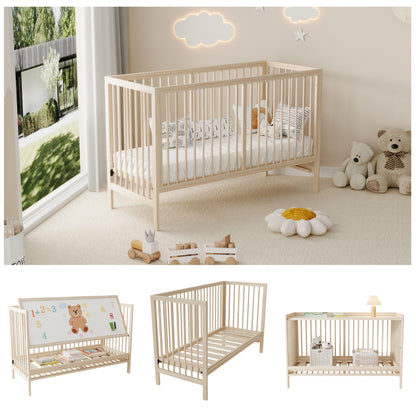 Holz Babybett, umwandelbar in Nebenbett / Malerbrettständer / Schreibtisch, höhenverstellbar, ohne Matratze, aus Fichte, naturfarben, 140x60x90cm