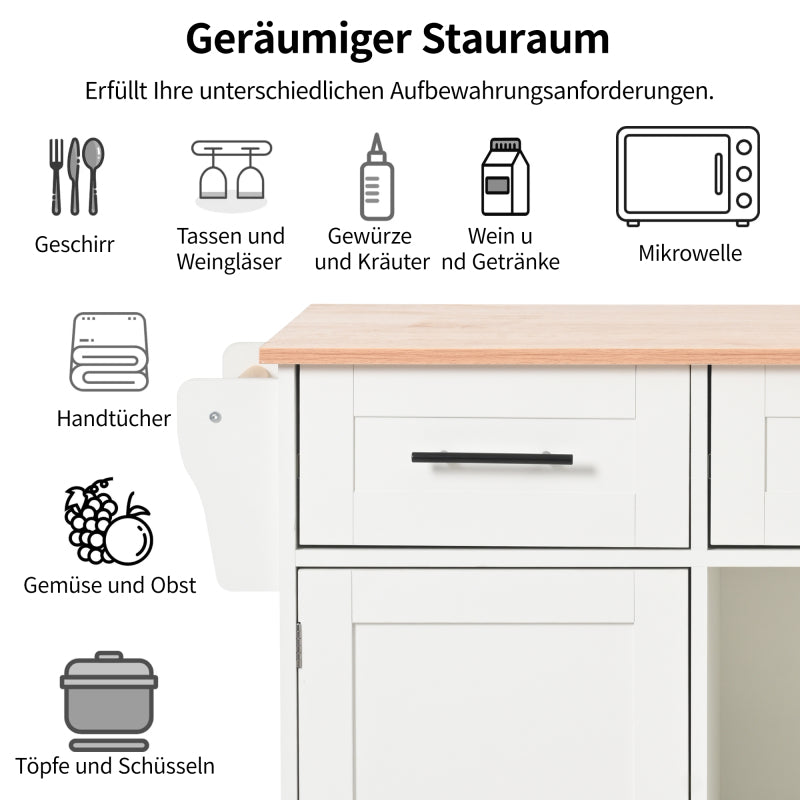139x46(71)x91,5 cm großer Esswagen/Anrichte, Korpus weiß + Arbeitsplatte in Massivholzmaserung, klappbare Arbeitsplatte, Ablagetür, Rollen, auswechselbare Massivholzfüße, geeignet für Esszimmer, Küche