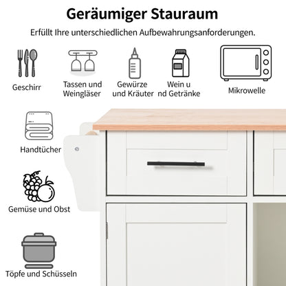 139x46(71)x91,5 cm großer Esswagen/Anrichte, Korpus weiß + Arbeitsplatte in Massivholzmaserung, klappbare Arbeitsplatte, Ablagetür, Rollen, auswechselbare Massivholzfüße, geeignet für Esszimmer, Küche