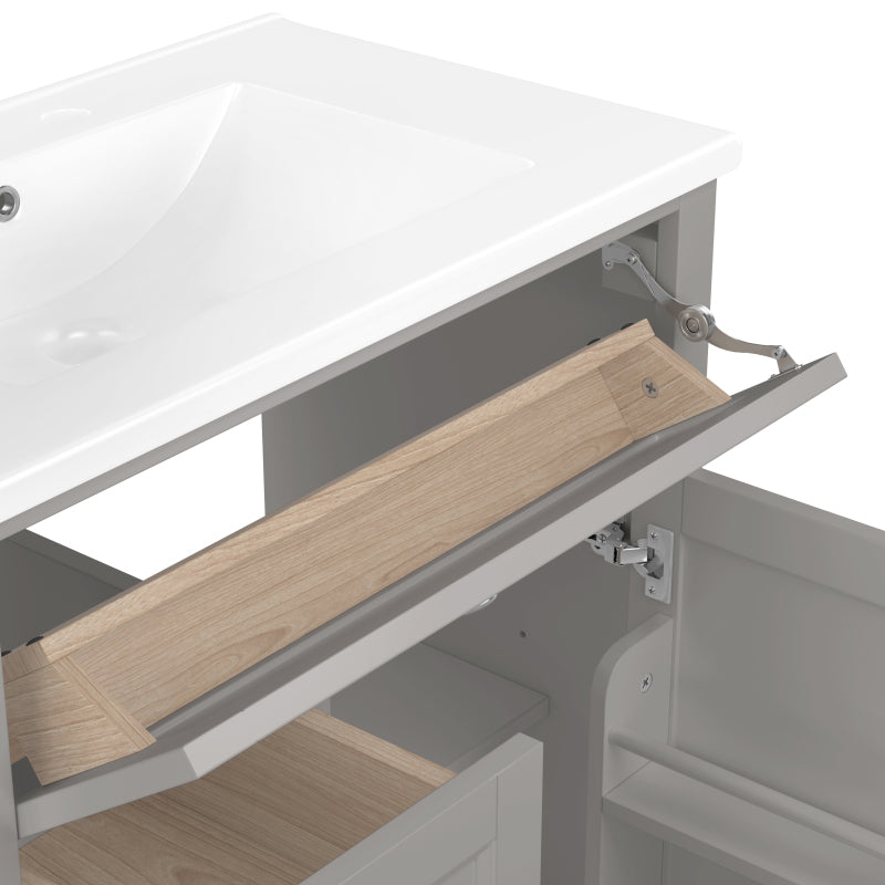 76x46x87cmBodenstehender Badezimmerschrank mit Waschbeck, Waschtisch, feuchtigkeitsbeständig lackiert, Soft-Close-Schubladenführungen, Türregale,ausklappbare Schublade,verstellbare Ablagefläche, grau