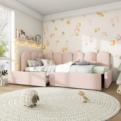 Polsterbett Einzelbett mit Schubladen Stauraumbett Samt Daybett Tagesbett Schlafsofa 90x190cm mit Lattenrost Jugendbett und Erwachsene Kinderbett,Rosa(Ohne Matratze)
