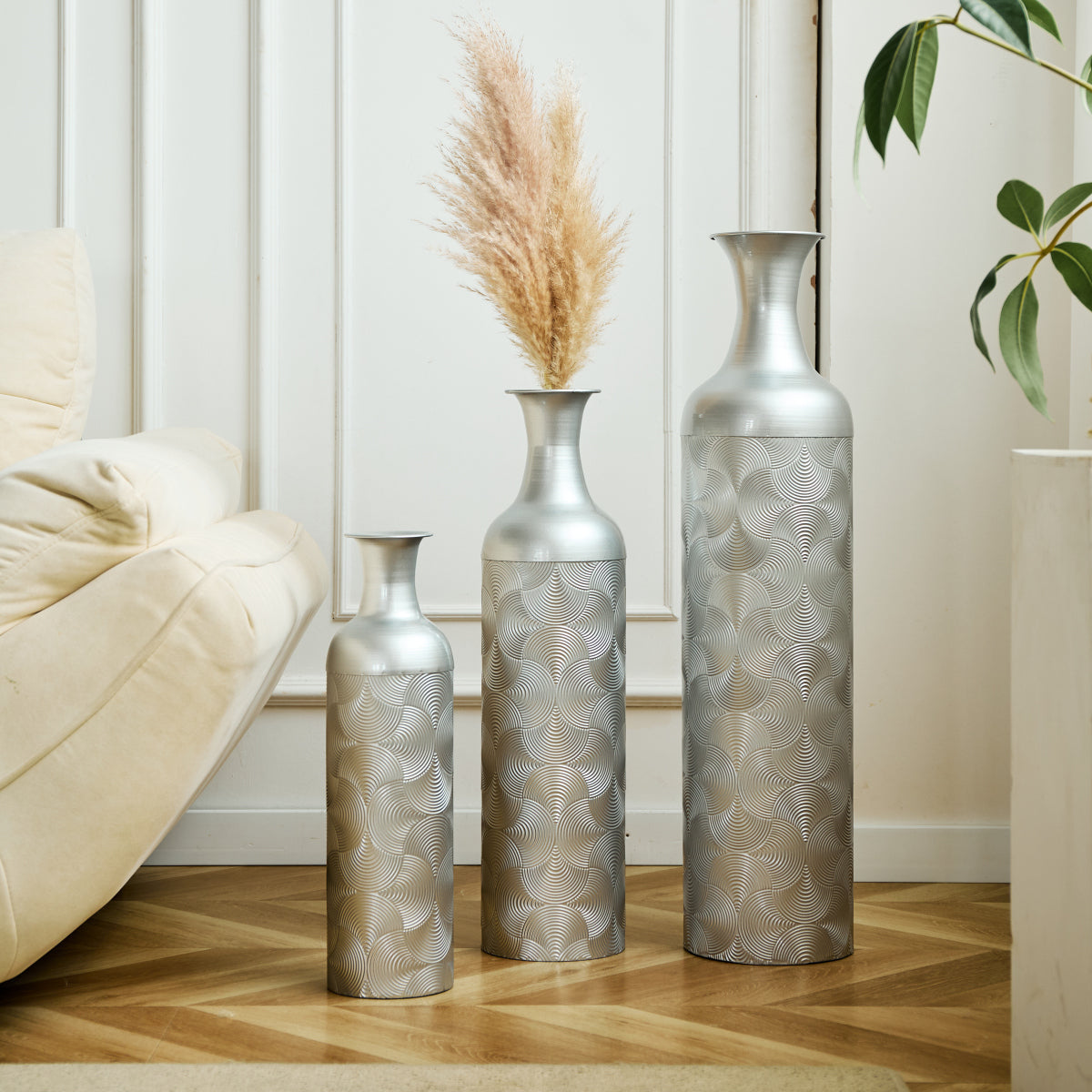 3er Set Bodenvase Silber, Metall, Wellenmuster, Hohe Übertöpfe 83/66/50 cm