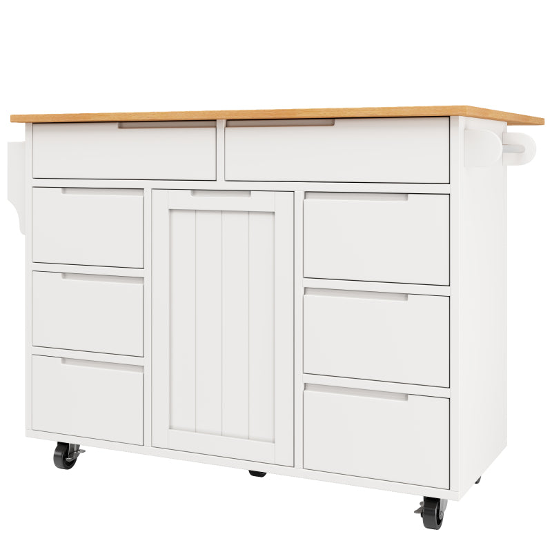 Moderne Kücheninsel, Küchenschrank, Ausziehbarer Küchenwagen mit Rollen und Arbeitsplatte, Servierwagen mit Gewürzregal und 8 Schubladen, weiß