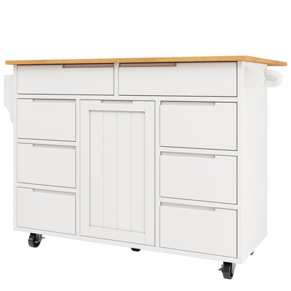 Moderne Kücheninsel, Küchenschrank, Ausziehbarer Küchenwagen mit Rollen und Arbeitsplatte, Servierwagen mit Gewürzregal und 8 Schubladen, weiß