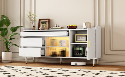 Sideboard mit Glasschiebetüren und LED-Beleuchtung – Freistehende Kommode aus Holz, Weiß