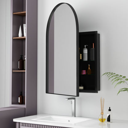 Stylish Arched Mirror Cabinet, Recessed Medicine Cabinet, Wall Cabinet with Metal Framed, Mirror and Adjustable Shelves, Mirror Cabinet with Storage for Bathroom, Living Room and Bedroom, Black