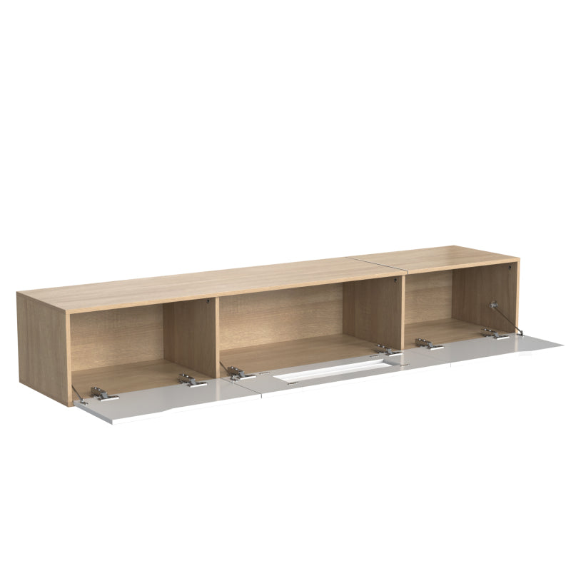 TV-Schrank, Hochglanz-TV-Schrank, farblich passend zu Hochglanz-Weiß und Holzfarbe, mit farbwechselndem LED-Licht.