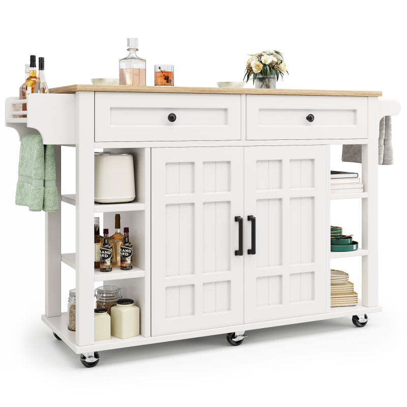 Kücheninsel mit herausnehmbaren Trennwänden, Speisewagen mit Arbeitsplatte, Buffetschrank, Speisewagen mit Holzmaserung, Handtuchhalter beidseitig mit Rollen, weiß