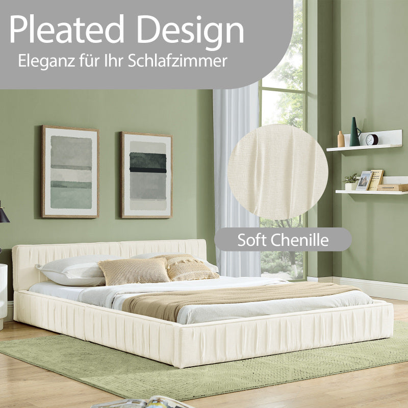 Doppelbett 140x200cm, mit Samtweichem Chenille-Bezug, Aus Ökologischem Eukalyptusholz und Stabiler Eisenrahmen, Beige (ohne Matratze)