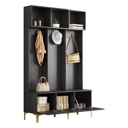Garderoben-Set mit Sitzbank, Schuhschrank & goldenen Details, Flurbaum aus Metall & Spanplatte, Schwarz, 120x191,5x23,5 cm