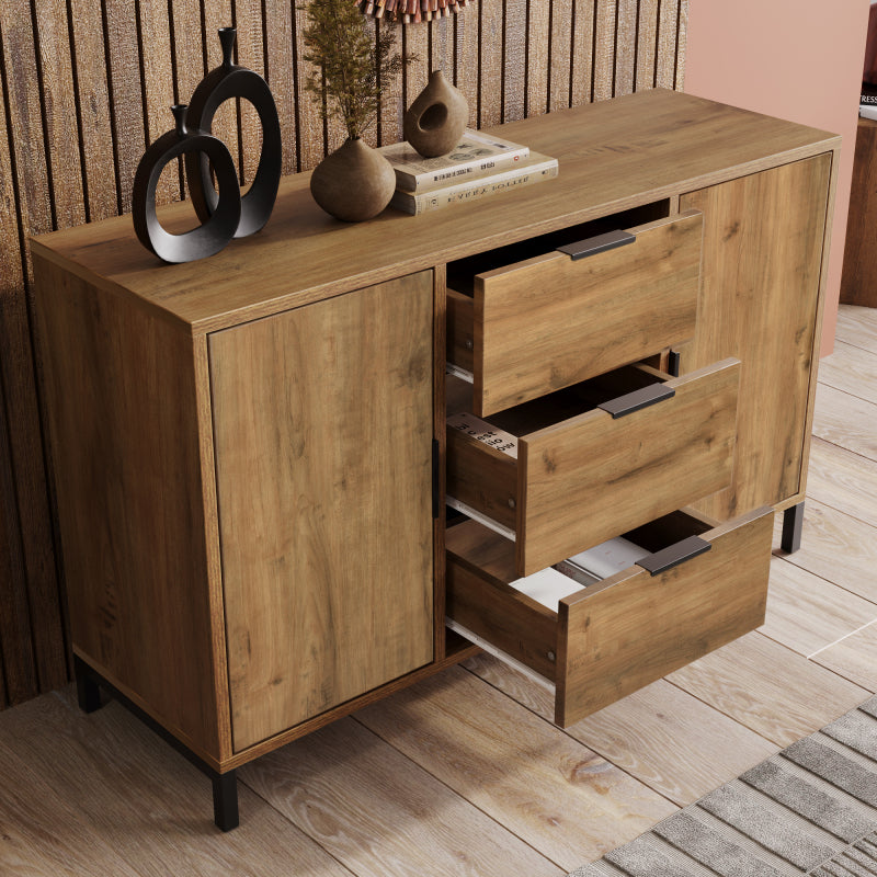 Kommode mit 2 Türen und 3 Schubladen, 120 x 40 x 76 cm in Dunkle Eiche, Verstellbare Ablage, Sideboard Highboard für Schlafzimmer & alle Wohnräume