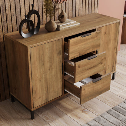 Kommode mit 2 Türen und 3 Schubladen, 120 x 40 x 76 cm in Dunkle Eiche, Verstellbare Ablage, Sideboard Highboard für Schlafzimmer & alle Wohnräume