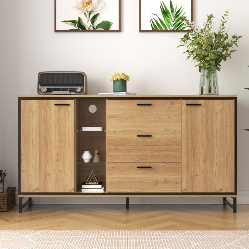 Sideboard mit drei Schubladen, exquisite Maserung. Modernes Sideboard in Holzfarbe mit Ablagefächern – stilvolle und funktionale Wohnmöbel. Schwarz und Holzfarbe.