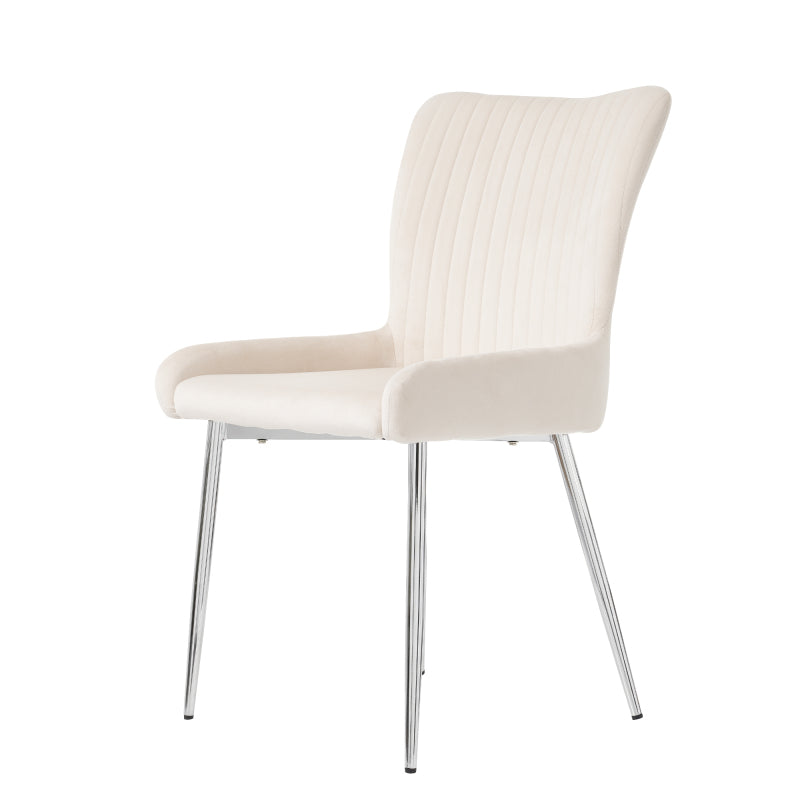 Samt-Esszimmerstuhl, 2er-Set, Lounge-Stuhl mit vier Silberne Metallstützbeinen, Lendenwirbelstütze, Beige