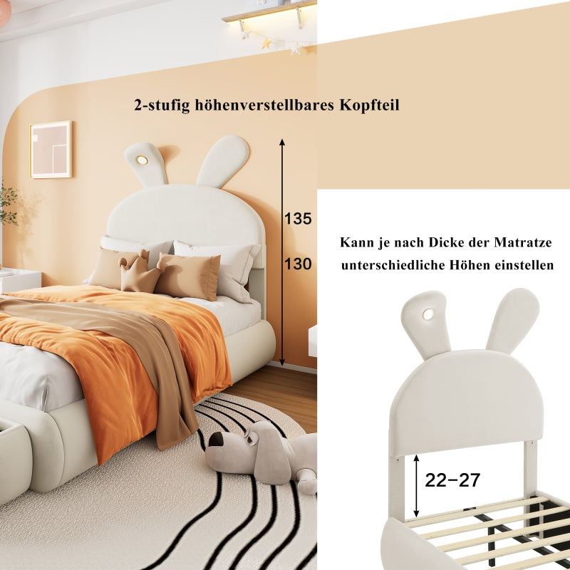 Polsterbett, Einzelbett, Hasenohren mit einstellbarer Helligkeit warmfarbenen Lichtstreifen, mit zwei Aufbewahrungshockern, Kinderbett mit Holzlatten, Samt, Beige, 90x200cm