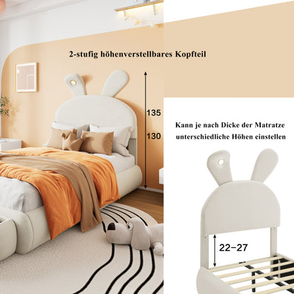 Polsterbett, Einzelbett, Hasenohren mit einstellbarer Helligkeit warmfarbenen Lichtstreifen, mit zwei Aufbewahrungshockern, Kinderbett mit Holzlatten, Samt, Beige, 90x200cm
