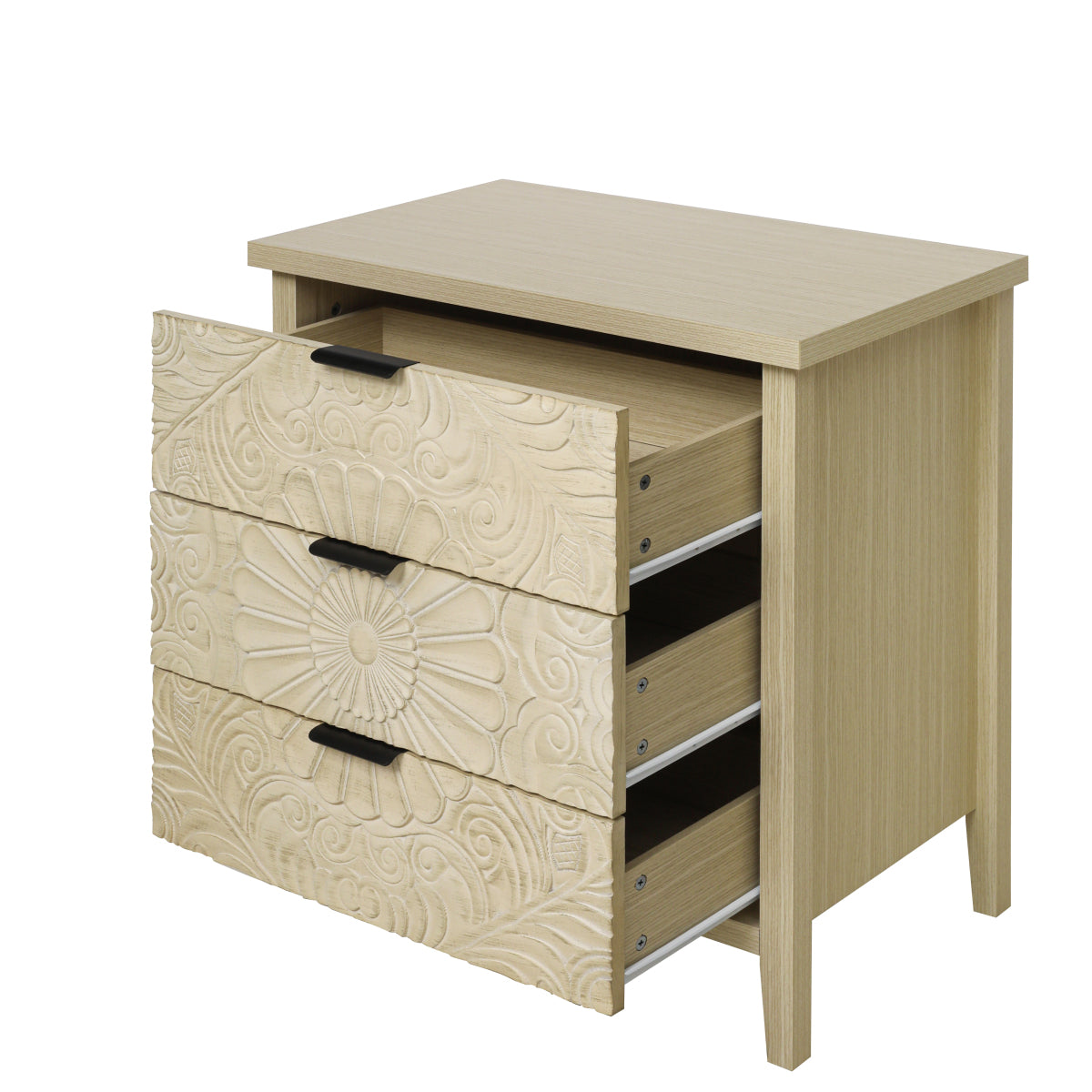 Kommode 80x80 cm Weiß, Anrichte mit 3 Schubladen in 3D-Holzoptik, Sideboard mit Bodengleitschienen & Kippsicherung