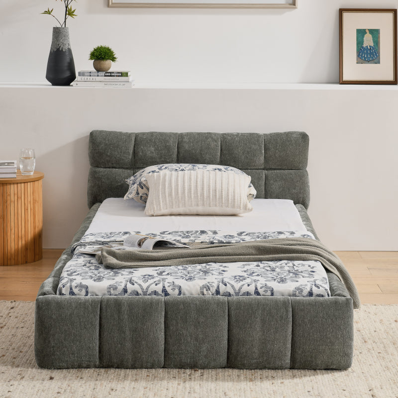 Einzelbett 90*200 cm, Kinderbett mit seidig weichem Chenille - Bezug, quadratischem Steppdesign, Dark Gray (ohne Matratze)