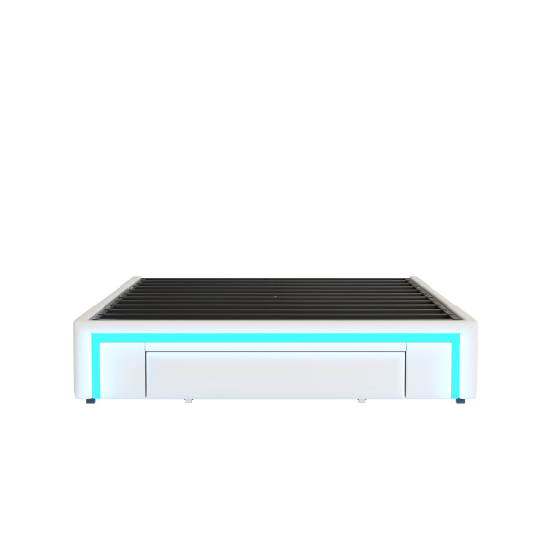 Bettgestell 140X200 mit Schubladen, PU-Leder Bett ohne Kopfteil Mit LED-Lichtleiste, MetalllattenPlattformbett für moderne Schlafzimmer Beige