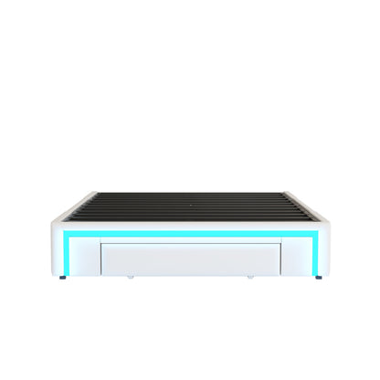 Bettgestell 140X200 mit Schubladen, PU-Leder Bett ohne Kopfteil Mit LED-Lichtleiste, MetalllattenPlattformbett für moderne Schlafzimmer Beige