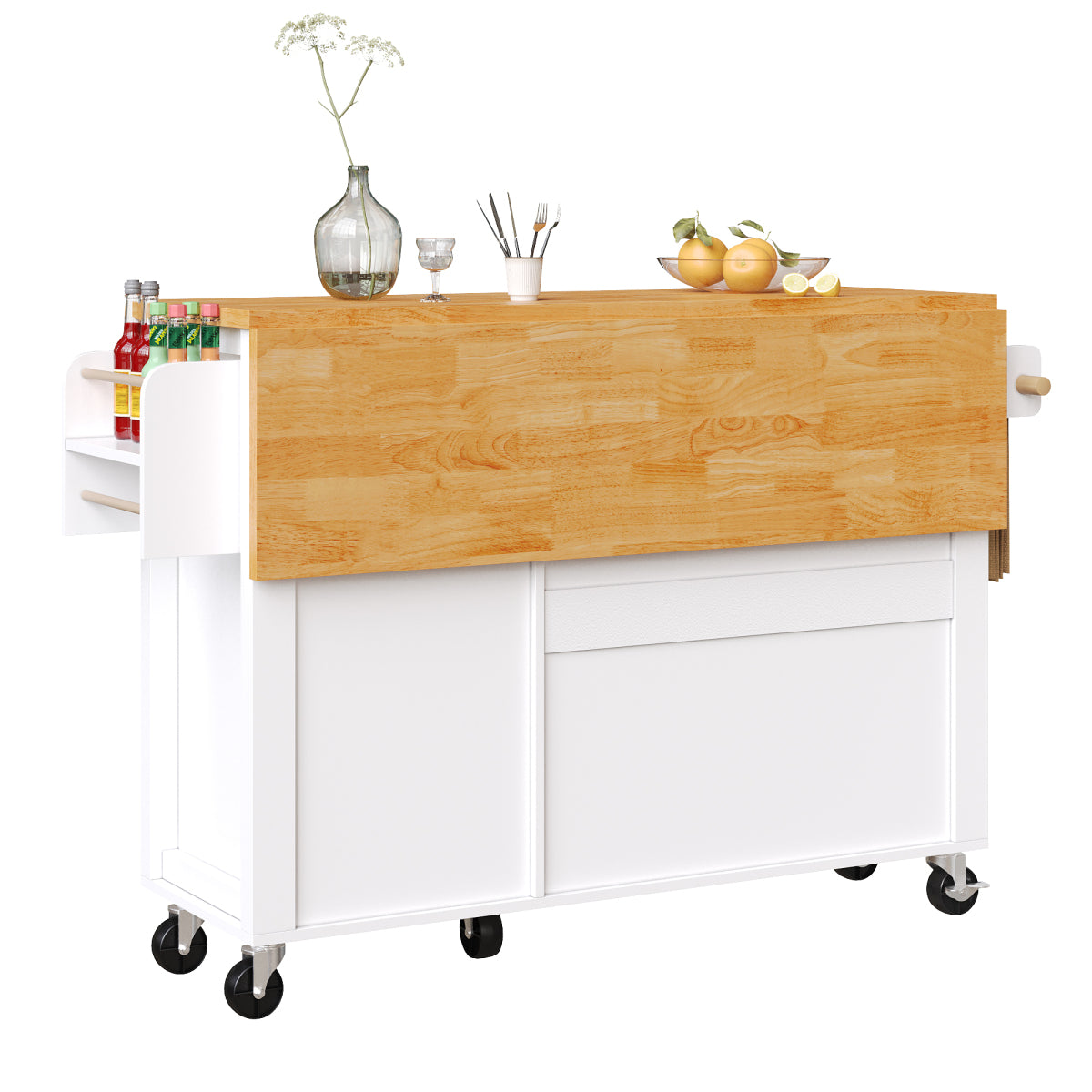 Kücheninsel mit Rollen & klappbarer Arbeitsplatte, Küchenwagen mit 3 Türen & Schublade, Sideboard inkl. Gewürzregal & Handtuchhalter, 99cm