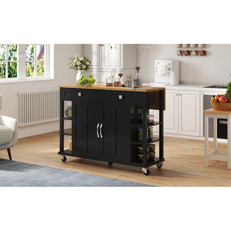 Multifunktionaler Küchenwagen mit klappbarer Arbeitsplatte, 120×65 cm erweiterbar, 2 Schubladen, geräumige Aufbewahrung, auf Rollen – Stilvoller Servierwagen für Küche, Esszimmer & Wohnzimmer