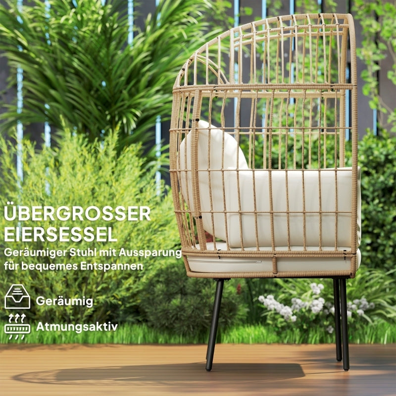 Rattansessel Ei-Förmig mit abnehmbarem Kissen, Gartenstühle für Garten Balkon, Veranda, Terrasse, Beige