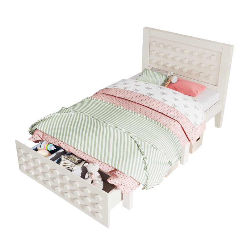 Holzbett Einzelbett 90x200 cm, Kinderbett Jugendbett mit Kreativem Block Design, Massivholz Bettgestell mit Lattenrost, mit Schubladen & Unterm Bett Stauraum, Weiß, Ohne Matratze