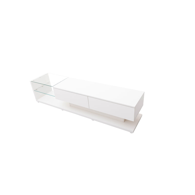TV-Schränke, niedrige Paneele, hochglänzende weiße Glastrennwände und variable LED-Beleuchtung. Es verbindet natürlichen, rustikalen Stil mit modernem Design.