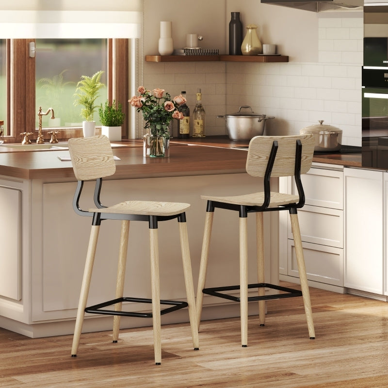Barhocker 2er Set Barstuhl Tresenhocker mit Rückenlehne und Fußstütze, Küchenstühle mit Stahlbeine, Natur